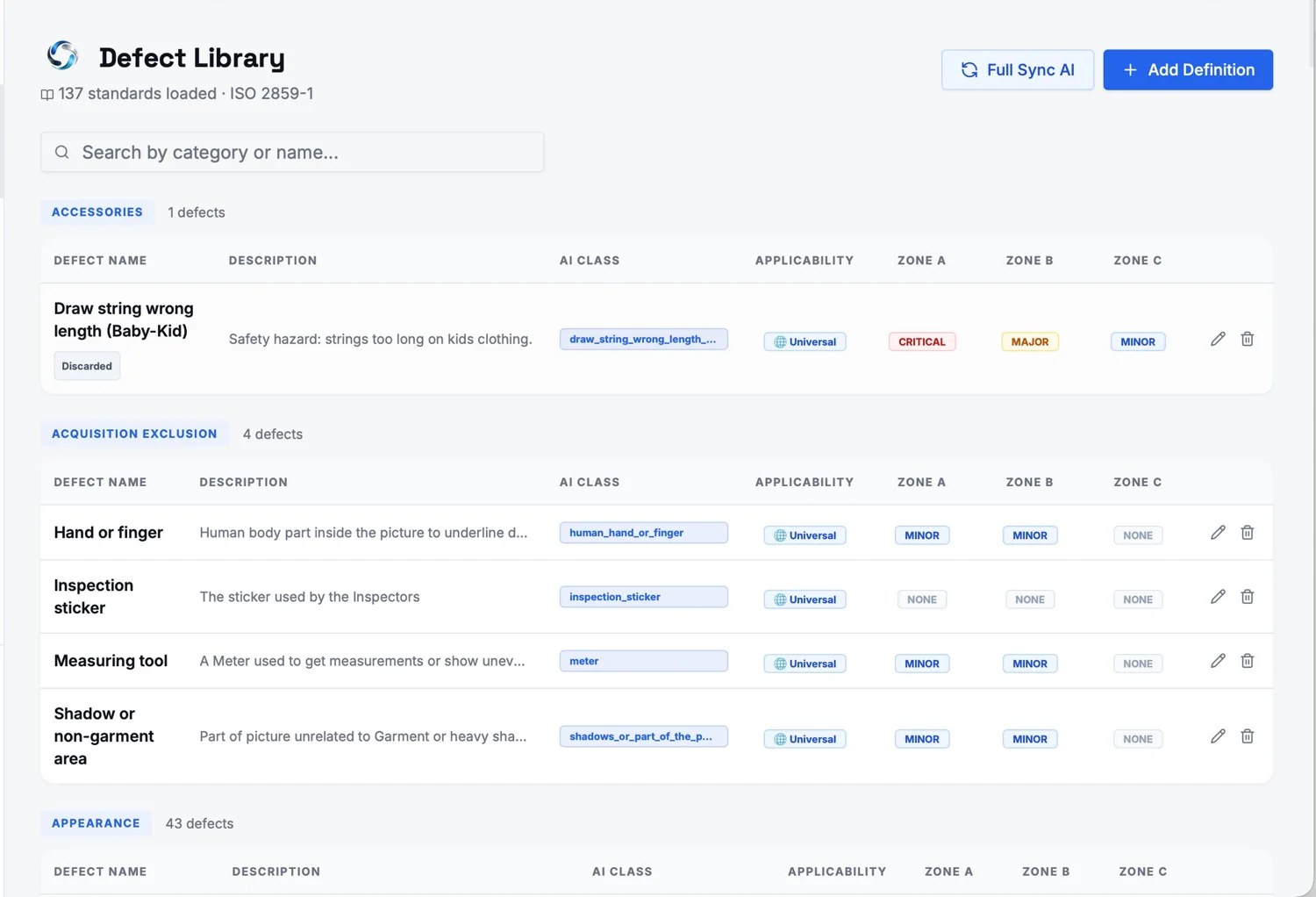 Example interface for a structured defect library