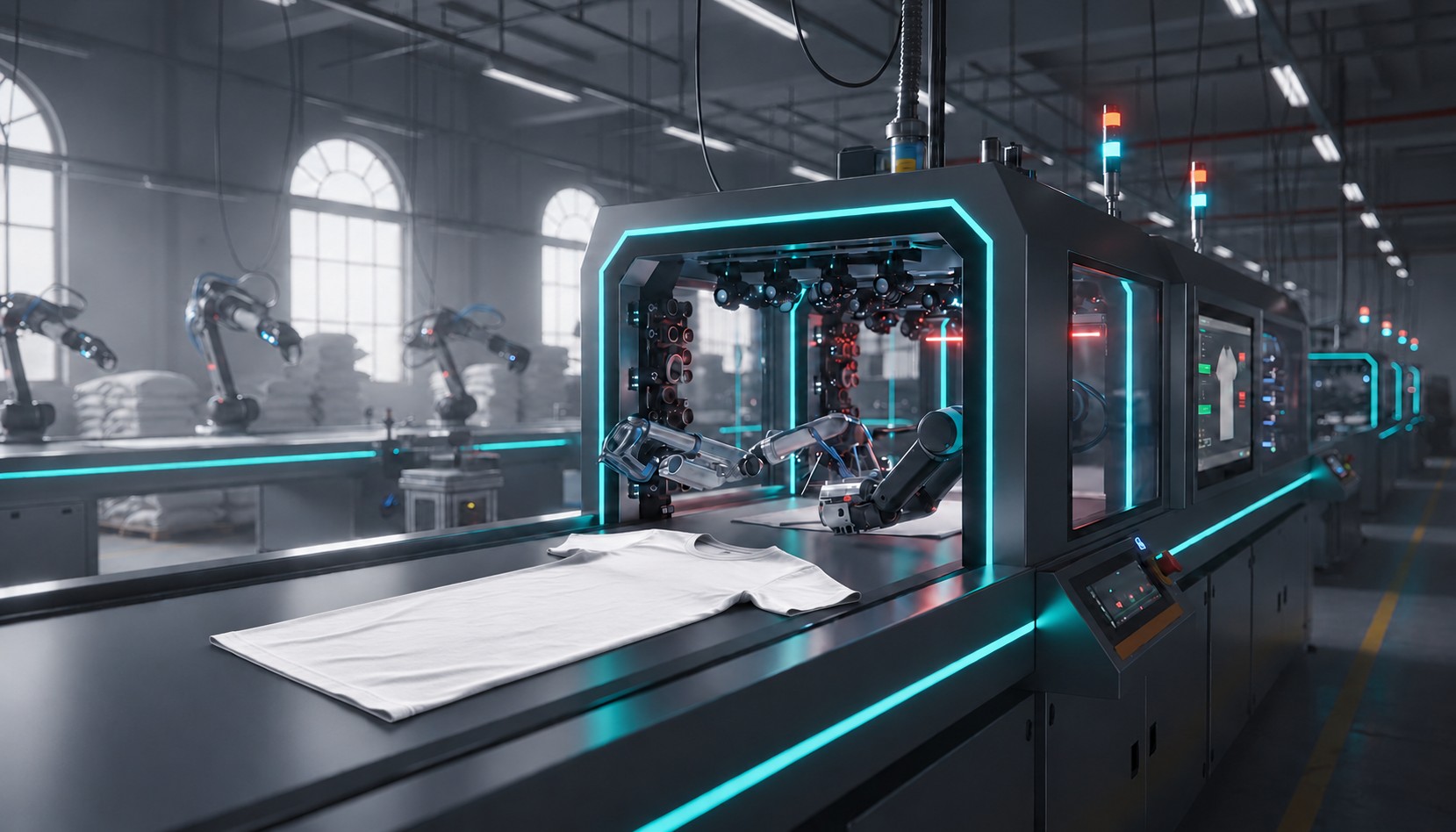Side perspective of the future garment inspection machine with a T-shirt aligned lengthwise on the conveyor