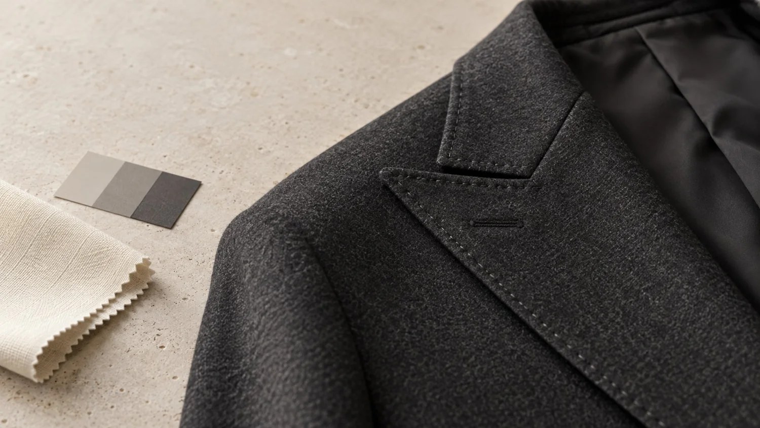 Detailed view of a tailored garment and fabric references